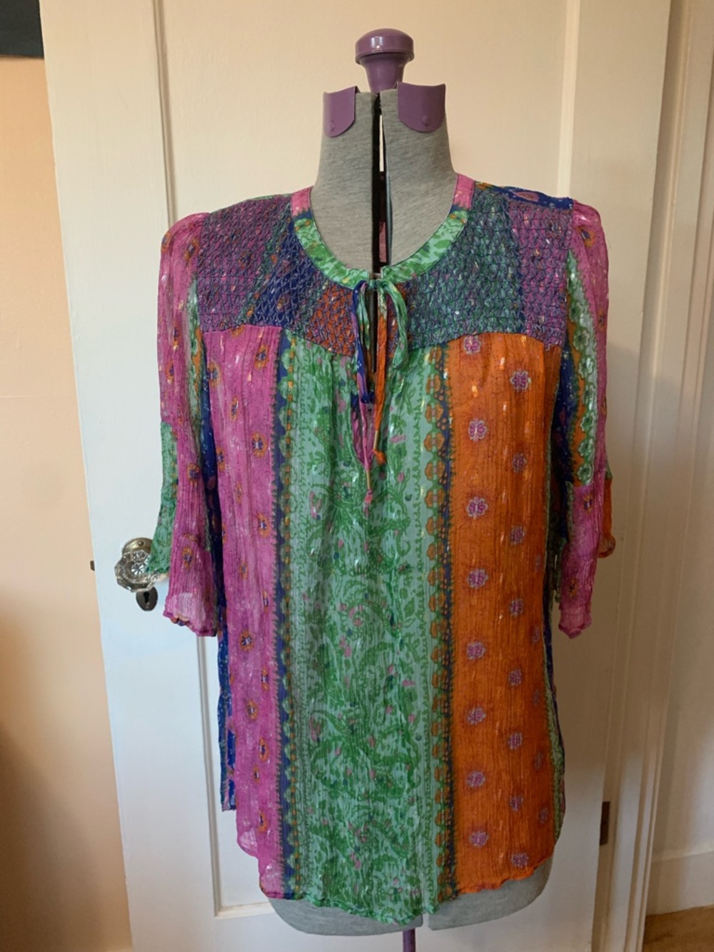 Anthropologie Akemi + Kin L Blouse Top Sheer Smocked Chiffon Patchwork Mix Print